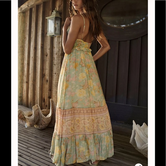 Butterfly Gardens Muted Greens Boho A Line Sleeveless Brunch Maxi Dress, Gown - Picture 6 of 16